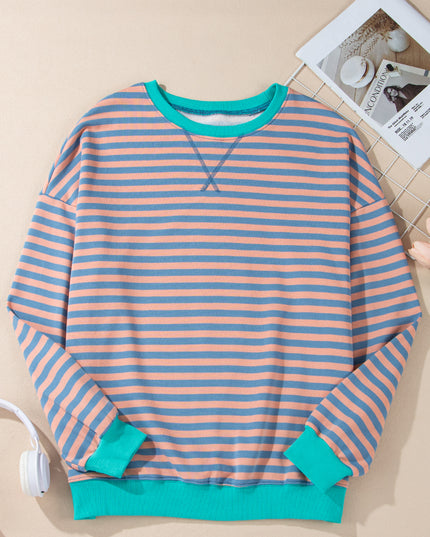 Blue Striped Contrast Trim Drop Shoulder Sweatshirt