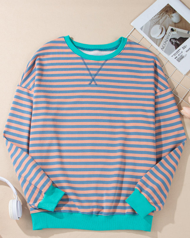Blue Striped Contrast Trim Drop Shoulder Sweatshirt