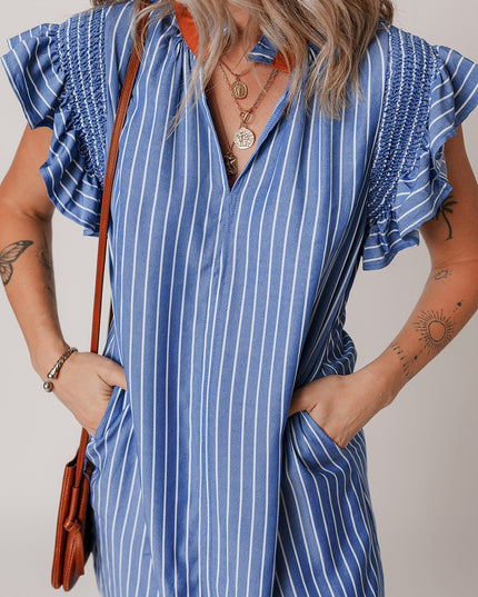 Sky Blue Stripe Frilly Split Neck Shirred Ruffle Sleeve Mini Shift Dress