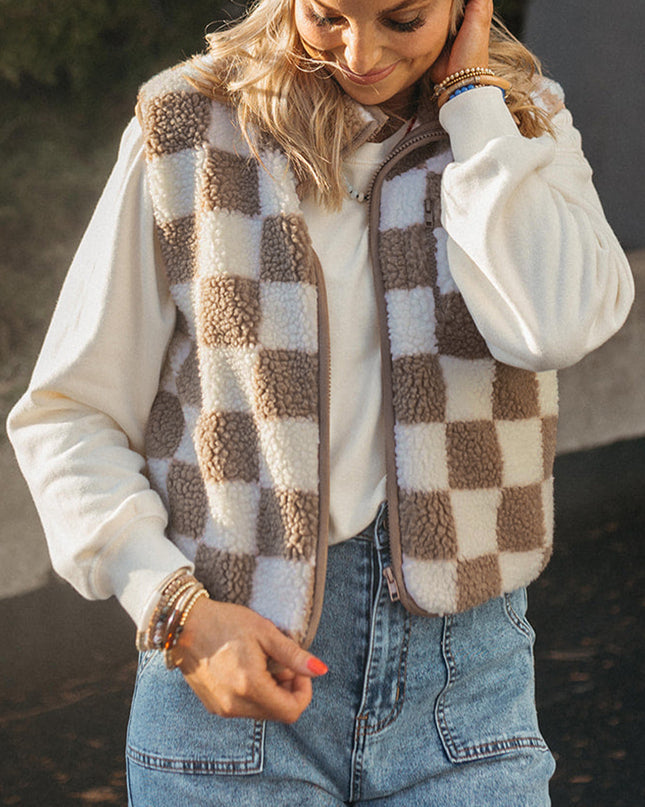 Khaki Checkered Sherpa Collared Jacket Vest