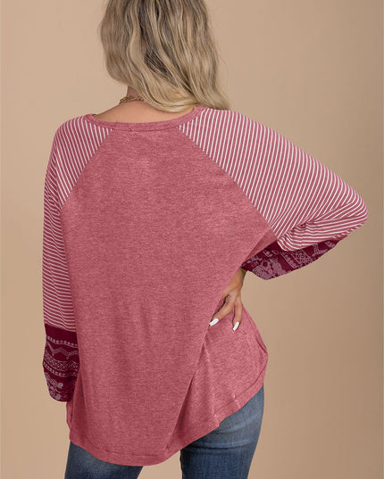 Rose Red Contrast Print Striped Raglan Long Sleeve Loose Top