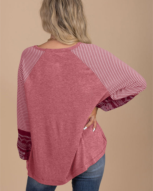 Rose Red Contrast Print Striped Raglan Long Sleeve Loose Top