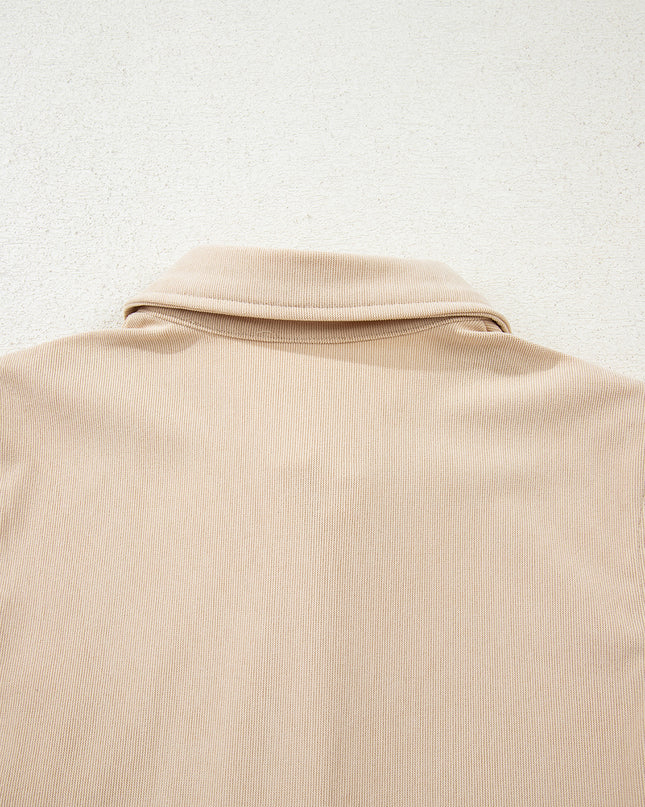 Oatmeal Corduroy Half Button Collared Long Sleeve Mini Dress