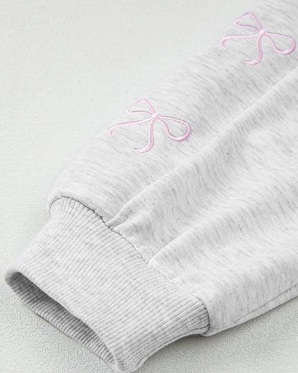 Light Grey Bow Embroidery Long Sleeve Pullover and High Waist Shorts Set