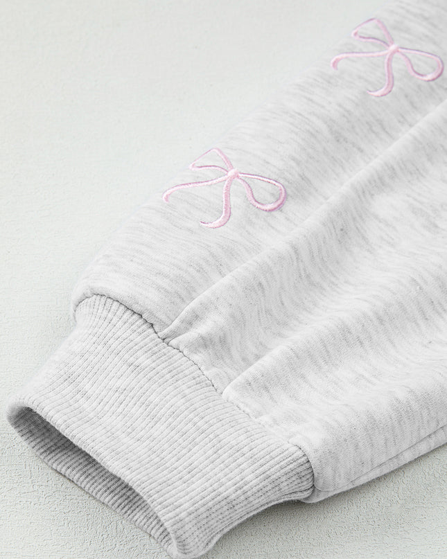 Light Grey Bow Embroidery Long Sleeve Pullover and High Waist Shorts Set