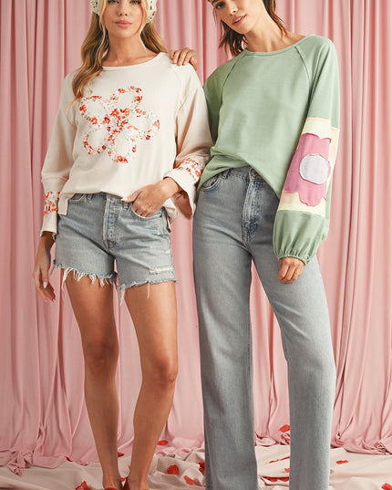 Smoke Green Flower Patchwork Exposed Seam Raglan Sleeve Top