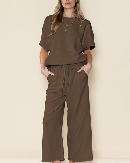Black Textured Loose Fit T Shirt and Drawstring Pants Set