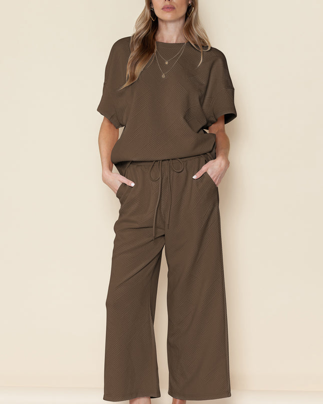 Black Textured Loose Fit T Shirt and Drawstring Pants Set