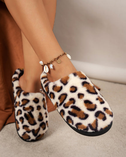 Coffee Leopard Print Plush Winter Slippers