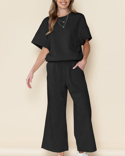 Black Textured Loose Fit T Shirt and Drawstring Pants Set