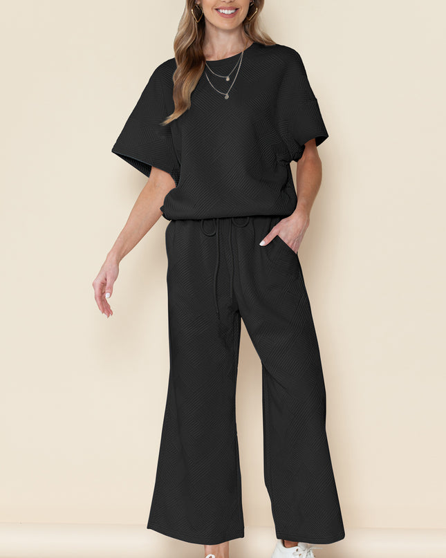 Black Textured Loose Fit T Shirt and Drawstring Pants Set