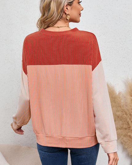 Multicolor Colorblock Ribbed Loose Long Sleeve Top