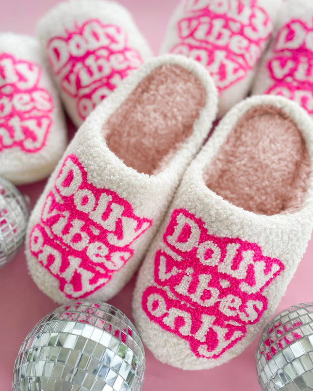 White Dolly Vibes Only Slip On Plush Slippers