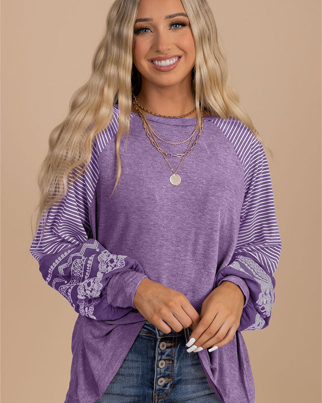Rose Red Contrast Print Striped Raglan Long Sleeve Loose Top