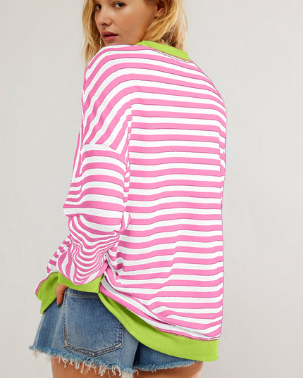 Blue Striped Contrast Trim Drop Shoulder Sweatshirt