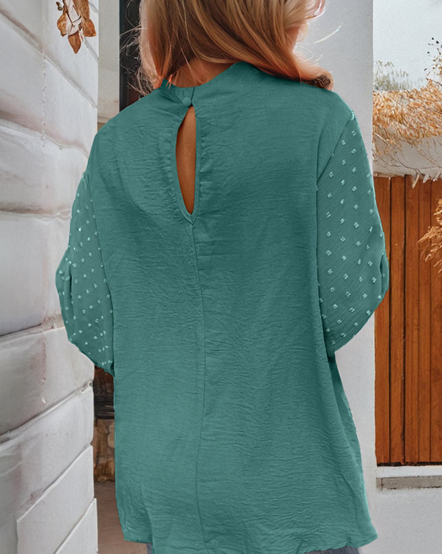 Russet Orange Swiss Dot Balloon Sleeve Patchwork Crinkle Blouse
