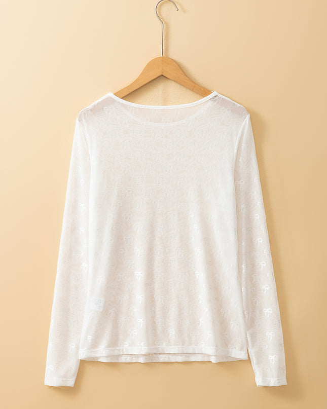 Black Bow Pattern Long Sleeve Slim Fit Mesh Top