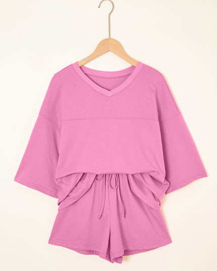 Bonbon Loose V Neck Tee and Drawstring Shorts Set