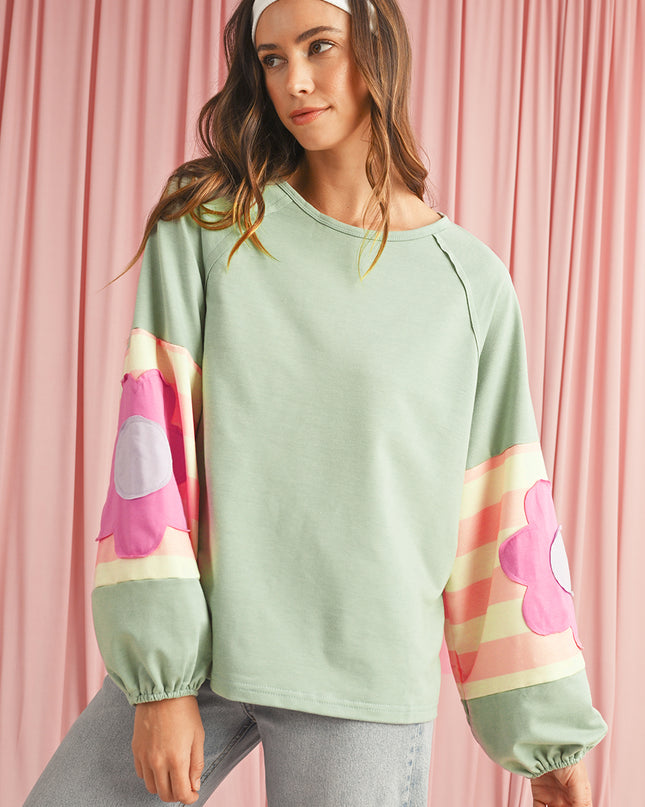 Smoke Green Flower Patchwork Exposed Seam Raglan Sleeve Top