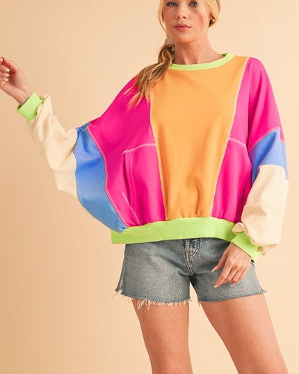 Grapefruit Orange Colorblock Patchwork Drop Shoulder Top