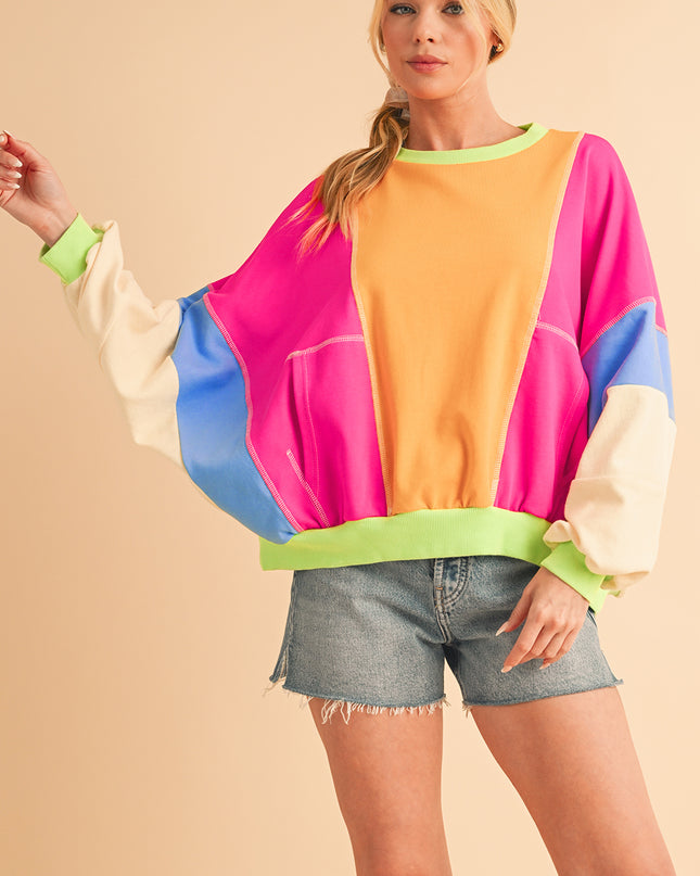 Grapefruit Orange Colorblock Patchwork Drop Shoulder Top