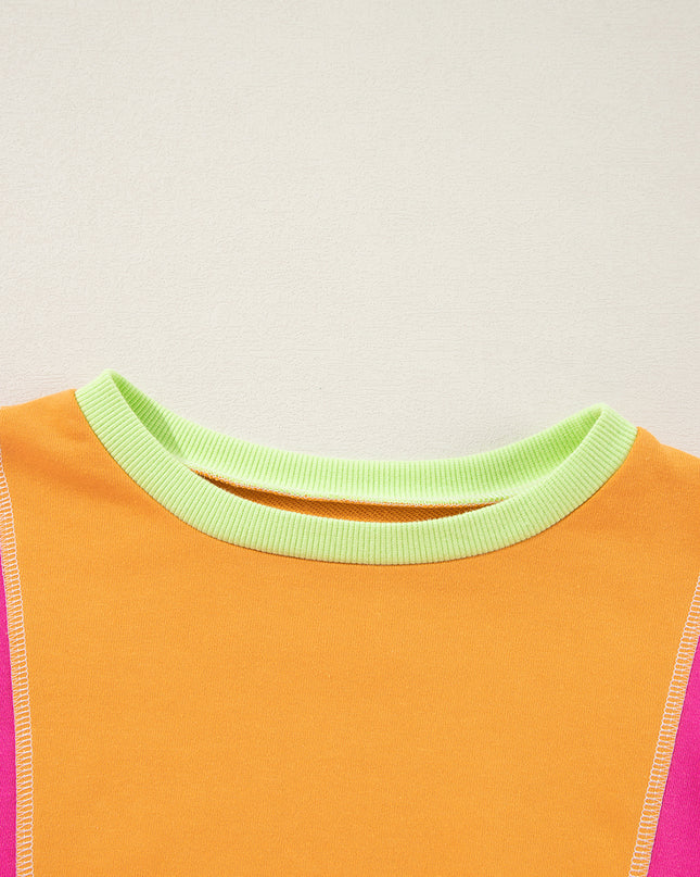 Grapefruit Orange Colorblock Patchwork Drop Shoulder Top
