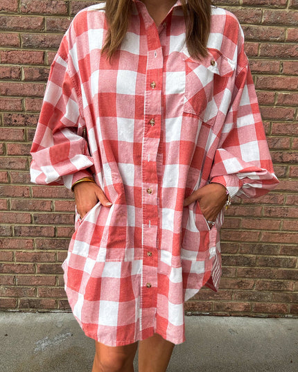 Pink Plaid Oversized Raw Hem Long Sleeve Dress