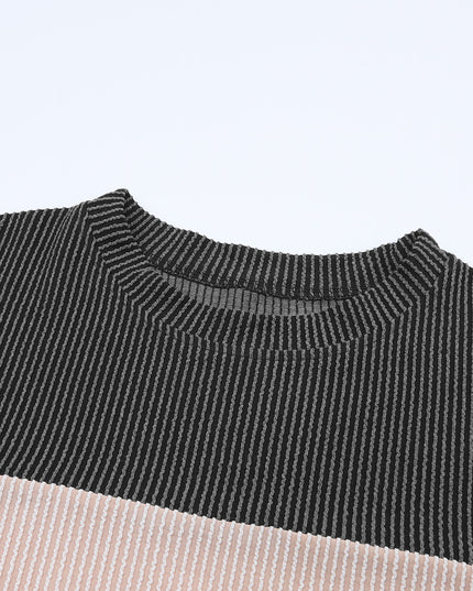 Multicolor Colorblock Ribbed Loose Long Sleeve Top