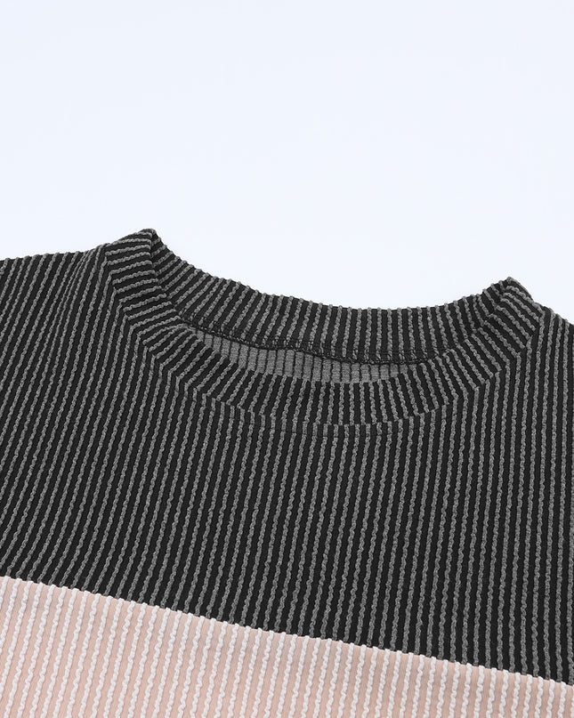 Multicolor Colorblock Ribbed Loose Long Sleeve Top