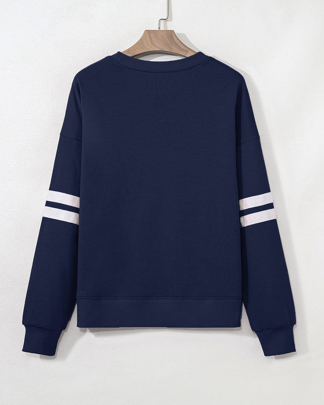 Fiery Red Preppy Striped Sleeve Loose Sweatshirt