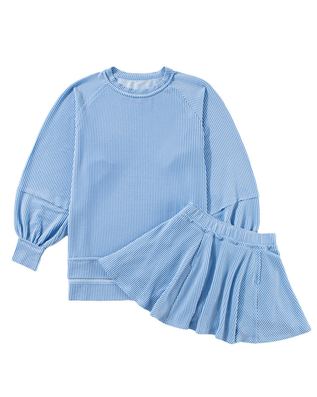 Jet Stream Lantern Sleeve Pullover & Ruffle Mini Skirt Set – Chic Two Piece Outfit