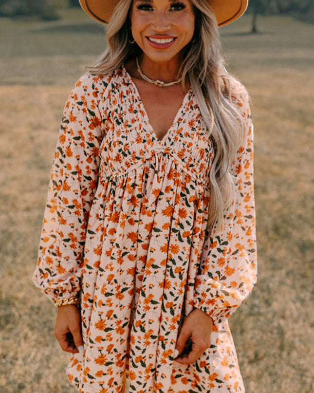 Beige Floral Smocked V Neck Bubble Sleeve Babydoll Dress