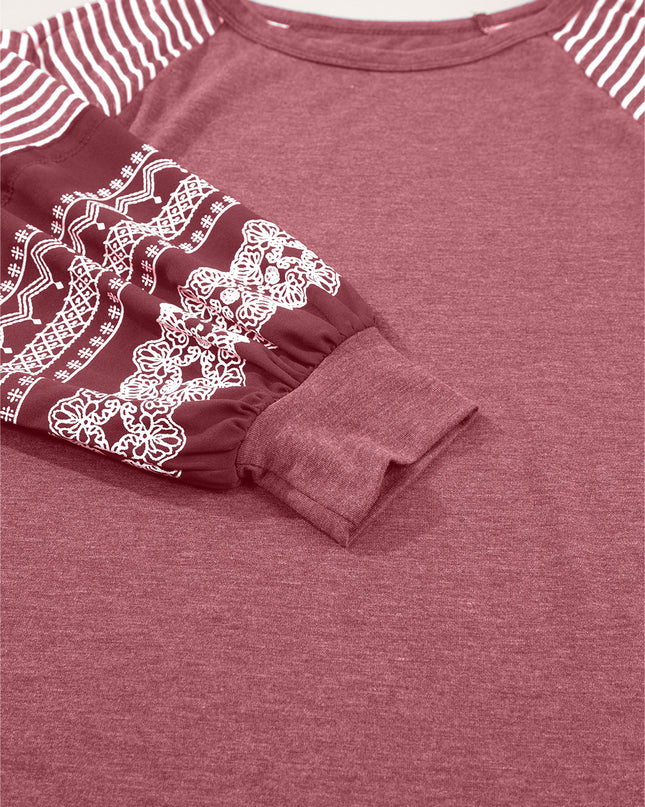 Rose Red Contrast Print Striped Raglan Long Sleeve Loose Top