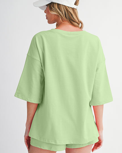 Bonbon Loose V Neck Tee and Drawstring Shorts Set