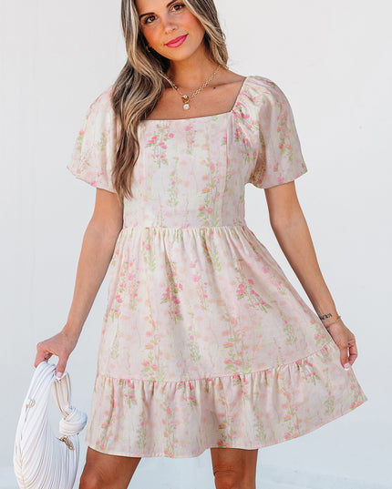 Pink Floral Puff Sleeve Square Neck Knotted Backless Ruffle Mini Dress