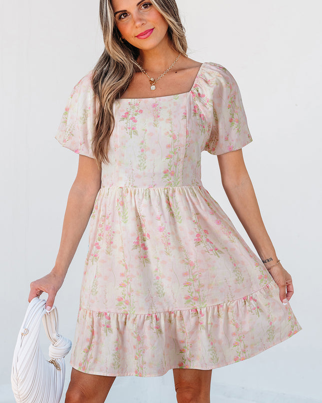 Pink Floral Puff Sleeve Square Neck Knotted Backless Ruffle Mini Dress