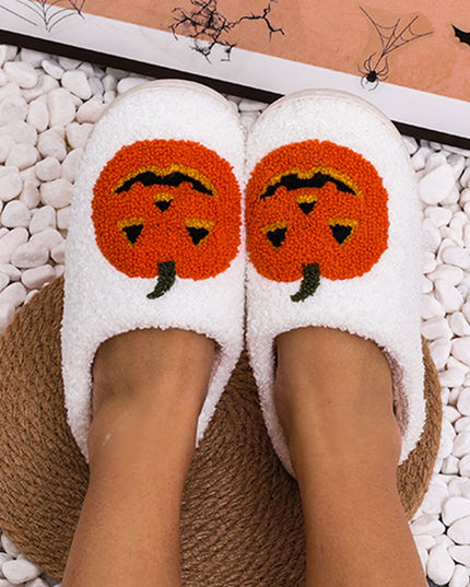 White Halloween Pumpkin Print Plush Slippers