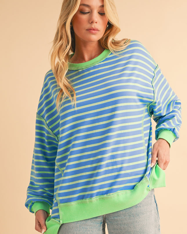 Pink Stripe Contrast Trim High Low Tunic Sweatshirt