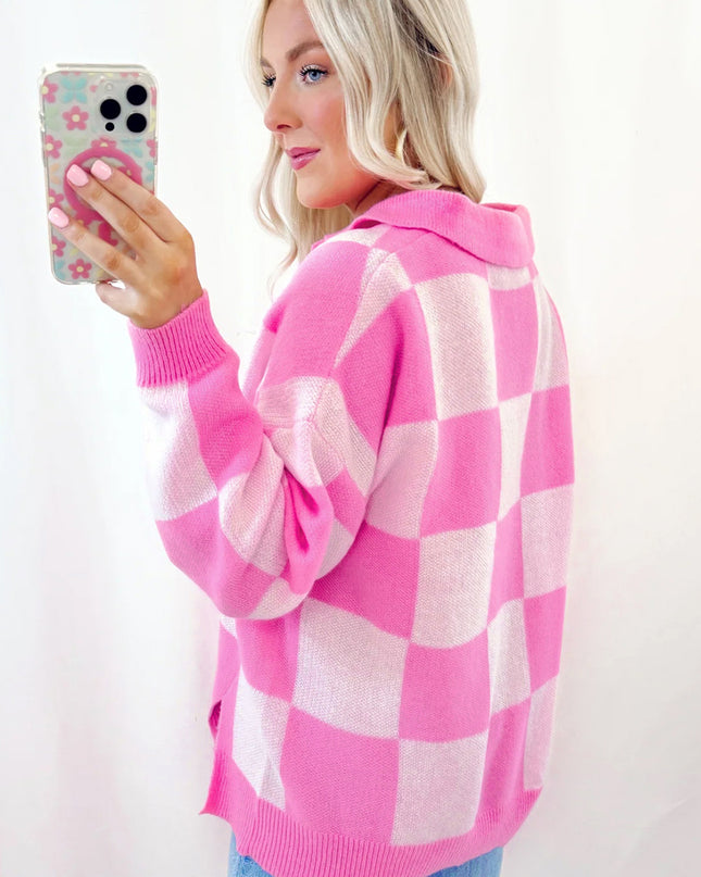 Pink Checkered Button Collared Sweater