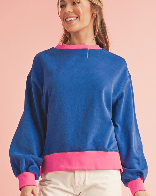 Blue Contrast Trim Bubble Sleeve Sweatshirt