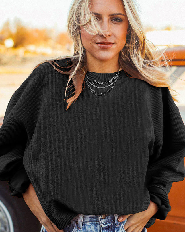 Red Plain Drop Sleeve Rib Knit Oversized Sweatshirt