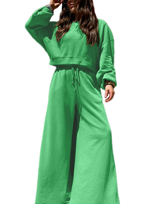 Mist Blue Wide-Leg Lounge Set | Drop Shoulder Crop Pullover & Drawstring Pants