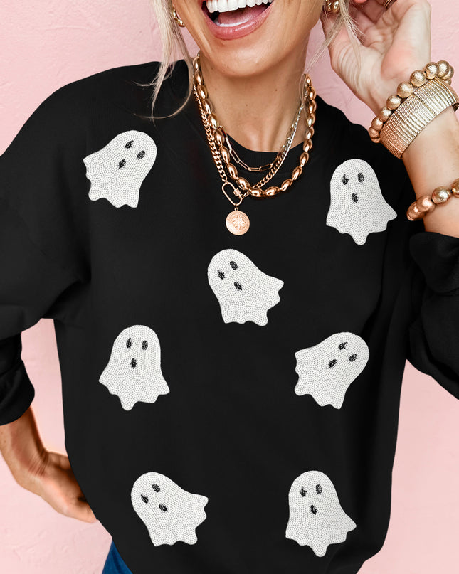 Black Sequin Halloween Ghost Patched Drop Shoulder Sweatshirt