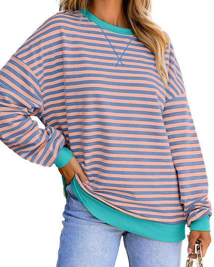 Blue Striped Contrast Trim Drop Shoulder Sweatshirt