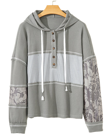 Gray Waffle Patchwork Drawstring Hooded Long Sleeve Top