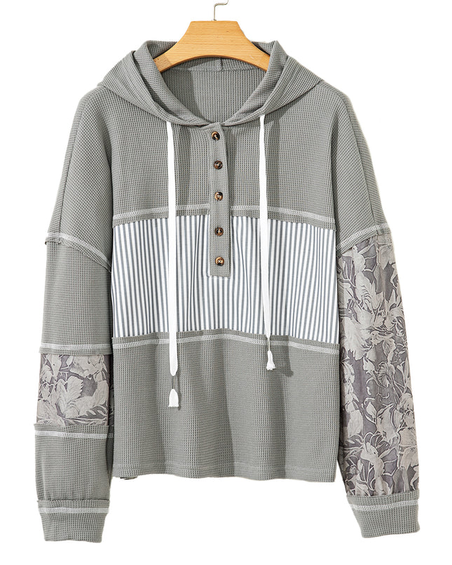Gray Waffle Patchwork Drawstring Hooded Long Sleeve Top