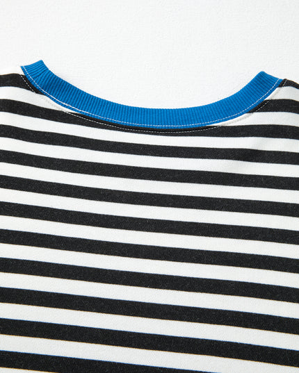 Blue Striped Contrast Trim Drop Shoulder Sweatshirt