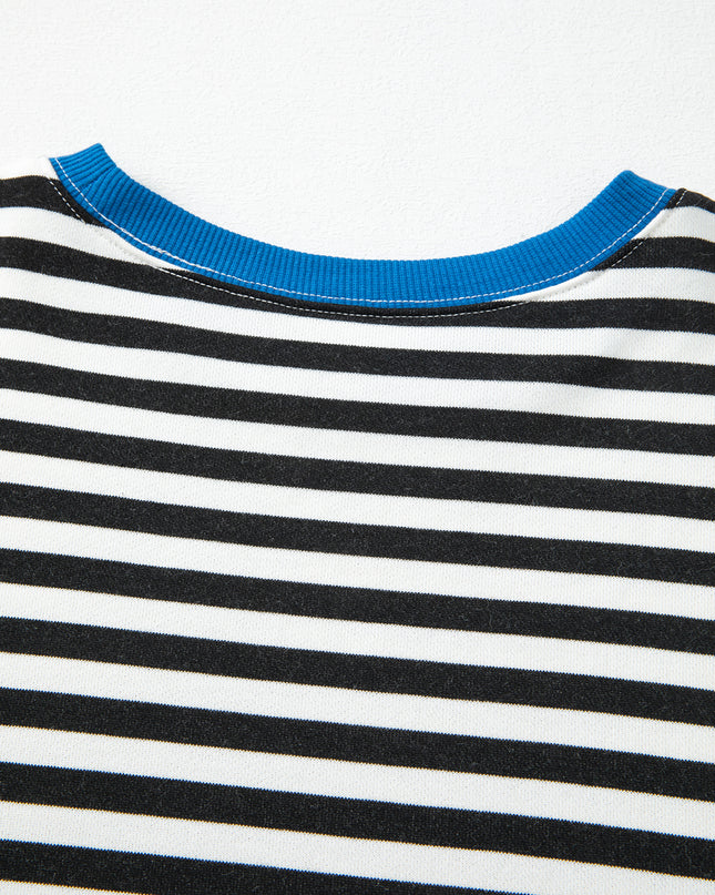 Blue Striped Contrast Trim Drop Shoulder Sweatshirt