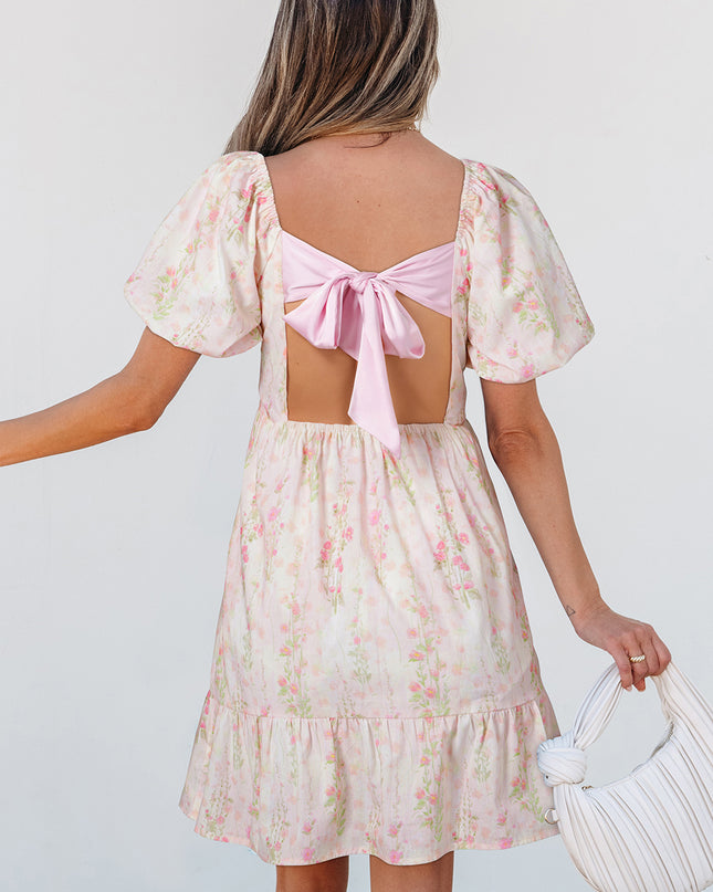 Pink Floral Puff Sleeve Square Neck Knotted Backless Ruffle Mini Dress