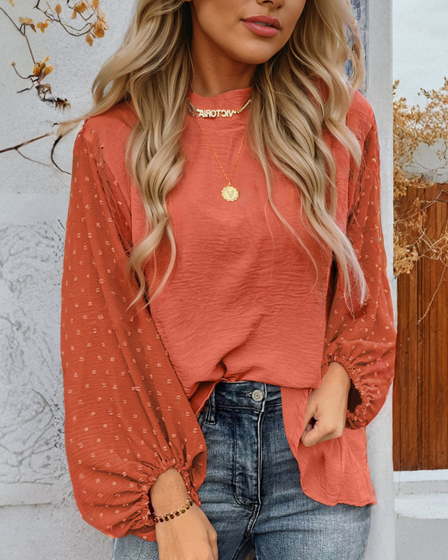 Russet Orange Swiss Dot Balloon Sleeve Patchwork Crinkle Blouse